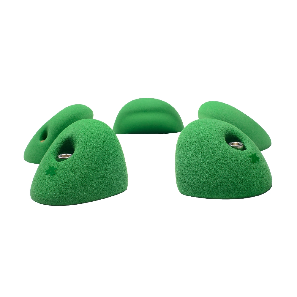 Five green jug climbing holds sit on a white background with rounded shapes, bolt holes, and textured surfaces.
