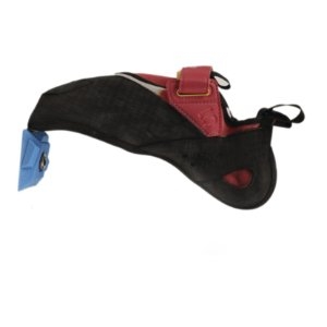 Side view of a climbing shoe fitted with a blue foothold attachment at the toe, mounted with a metal bolt.